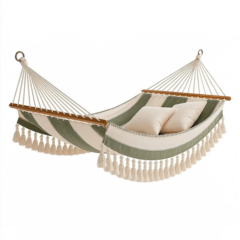 Hängematte 200 x 100 cm Baumwolle Polyester Grün Beige mit Holzspreizstäben Boho für Garten