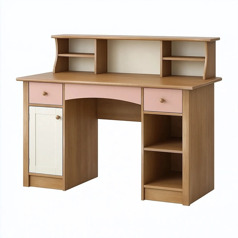 Schreibtisch 120 x 60 x 120 cm Holzoptik Rosa Weiss mit Aufsatz und Stauraum
