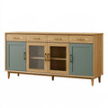 Sideboard 180 cm Holz Naturholz Salbeigrün mit Glastüren im Mid Century Stil
