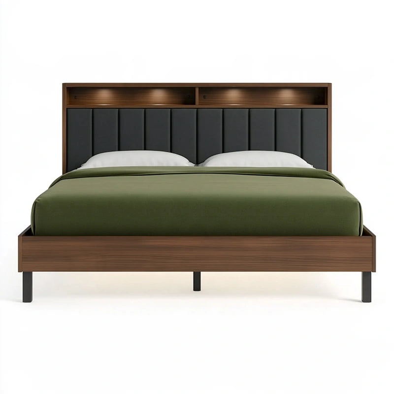 Doppelbett 160 x 200 cm Holz Braun Schwarz mit gepolstertem Kopfteil und Ablagefächern